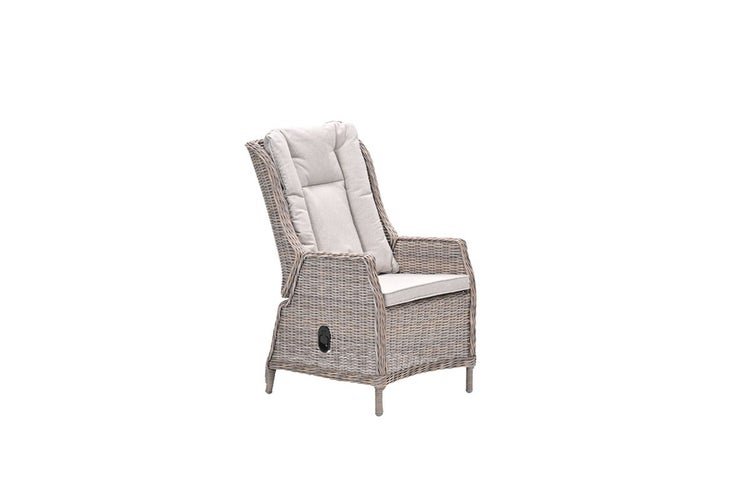 Verstellbarer Garten-Relaxsessel aus Polyrattan mit Sitz- und Rückenpolster.