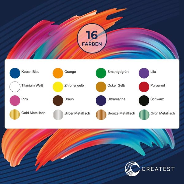 Farbübersicht mit 16 verschiedenen Farbtönen und Metallic-Effekten der Marke Createst.