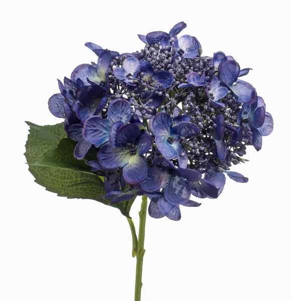Künstliche Hortensie mit blauem Blütenkopf und grünem Blatt.