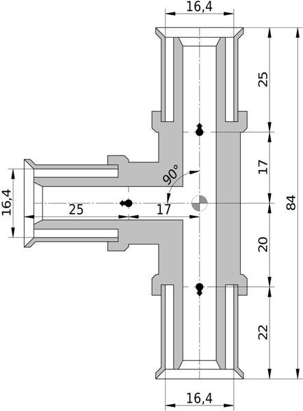 Maßzeichnung eines T-Stücks für Pressfittings mit Millimeterangaben und einem 90 Grad Winkel.