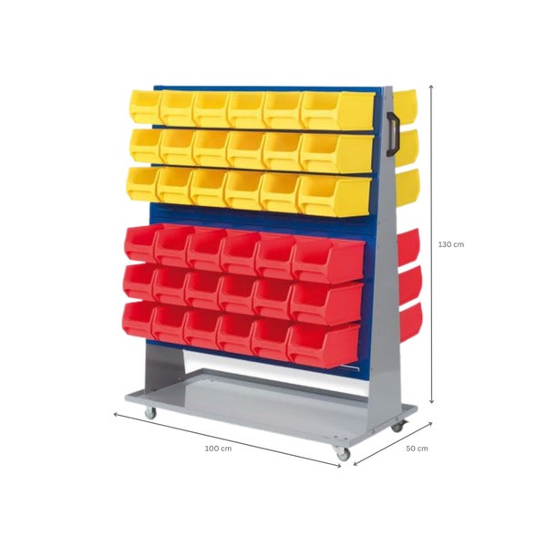 PROREGAL ProfiDrop Systemwagen auf Rollen mit Blauen Systemplatten und 72 x Rote und Gelbe Sichtlagerbox 3.0 HxBxT 130 x 100 x 50 cm