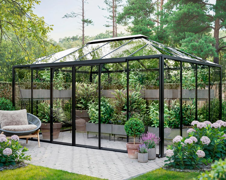 Modernes Gewächshaus mit schwarzem Metallrahmen und großen Glasflächen, gefüllt mit verschiedenen Grünpflanzen auf einer gepflasterten Gartenterrasse.
