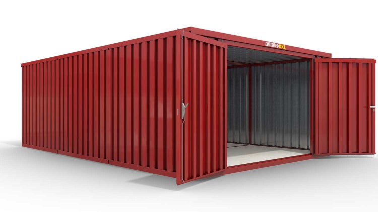 Lagercontainer Gerätehaus M3  – 18 qm, H2150 x B3050 x T6520 mm, Außenwandlackierung RAL 3000 feuerrot, Dach außen verzinkt, mit Holzfußboden, 2750 mm Doppelflügeltür mittig in Stirnseite, montiert