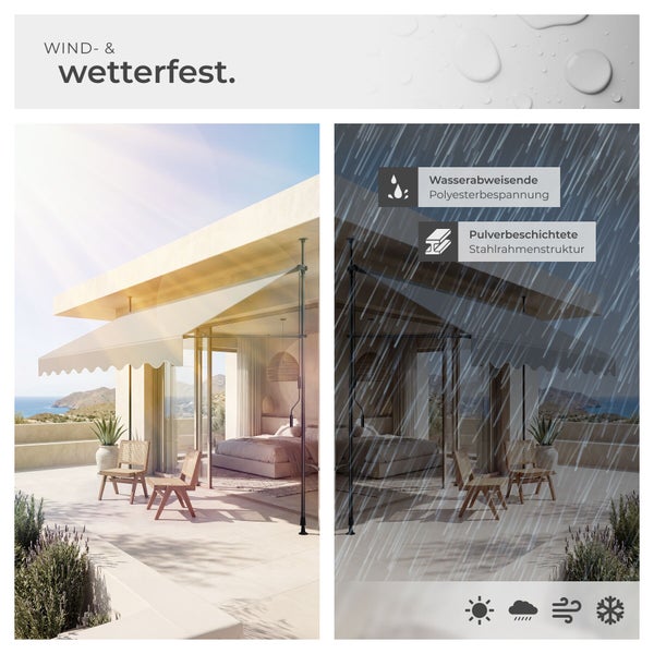 Wind- und wetterfeste Klemmmarkise auf einer Terrasse bei Sonne und Regen. Mit wasserabweisendem Polyester und pulverbeschichtetem Stahlrahmen.