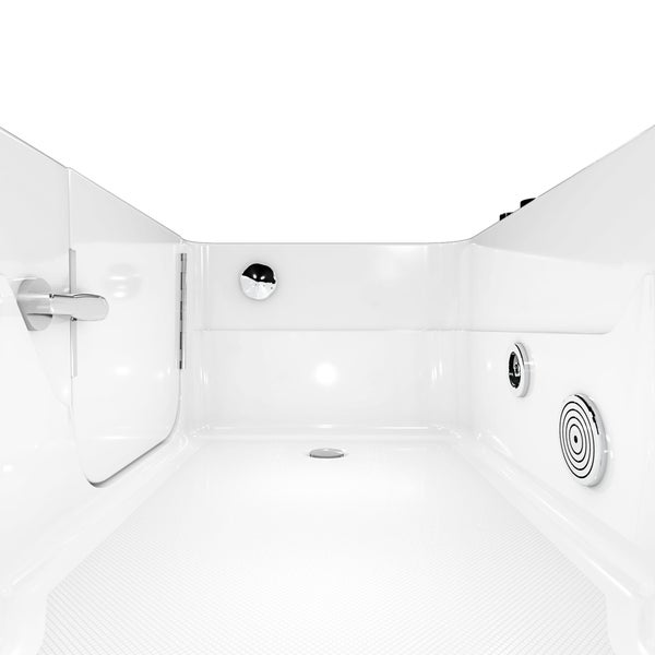 Innenansicht einer Badewanne mit Tür, Einstiegshilfe und rutschfestem Boden