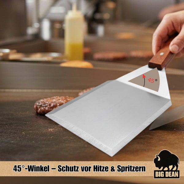 Edelstahl Grillwender mit Holzgriff und 45 Grad Winkel zum Schutz vor Hitze und Spritzern