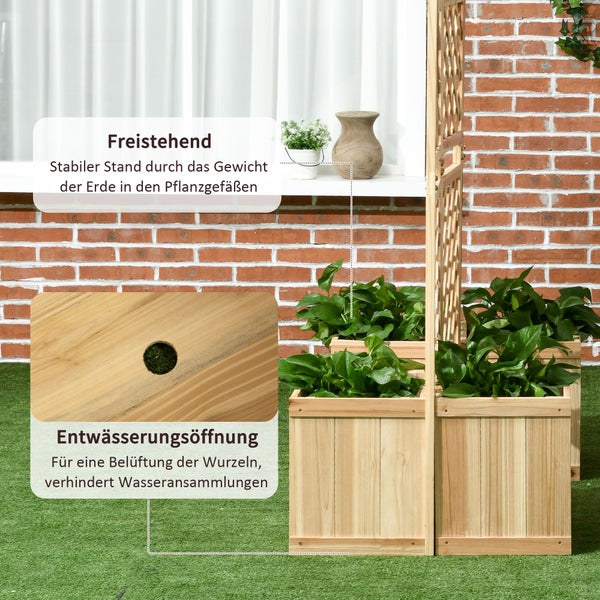 Outsunny Hochbeet mit Klappbarem Spalier, Pflanzkasten mit Sichtschutz, 133 x 165 cm Raumteiler mit 4 Blumenkasten, Raumtrenner für Balkon, Tannenholz, Natur