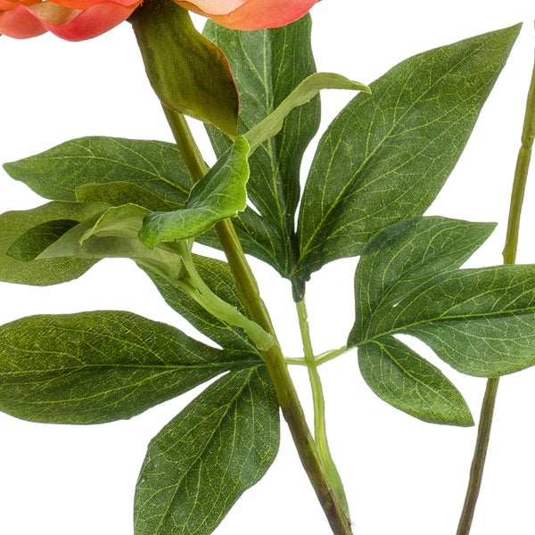 Künstlicher Pfingstrosenzweig mit einer lachsfarbenen Blüte, einer Knospe und grünen Blättern.