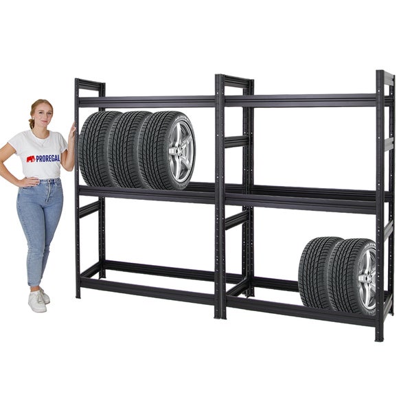 PROREGAL Mega Deal 2x Reifenregal Dino HxBxT 180 x 120 x 50 cm Fachlast 150 kg bis zu 24 Reifen Schwarz