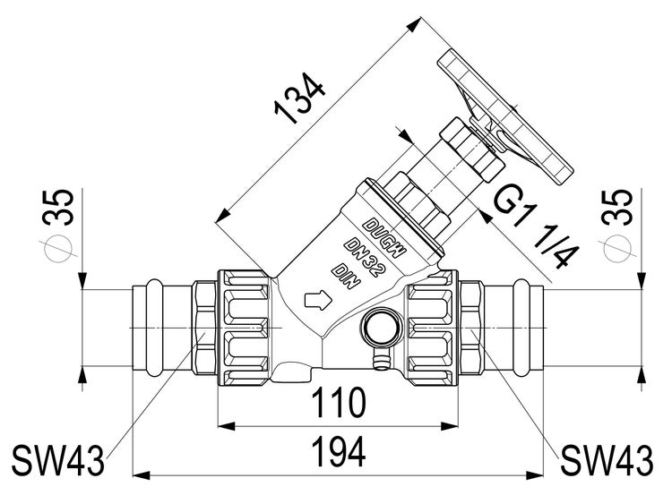 Technische Zeichnung eines Schrägsitzventils DN32 mit Abmessungen 194 Millimeter Länge, G 1 1/4 Zoll Anschluss und DVGW-Prüfzeichen.