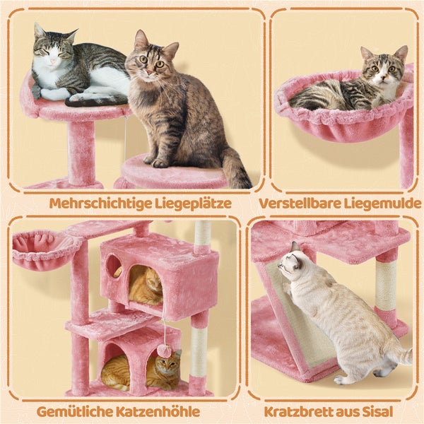 Katzenkratzbaum mit mehreren Liegeflächen, verstellbarer Liegemulde, gemütlicher Katzenhöhle und Kratzbrett aus Sisal.
