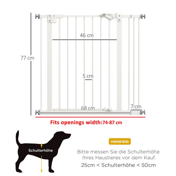 PawHut Türschutzgitter Hunde, Absperrgitter, 74-87 cm, Treppenschutzgitter für Haustier, Hundegitter inkl. verschiedene Verlängerungen, Schutzgitter ohne Bohren, Metall, Kunststoff, Weiß