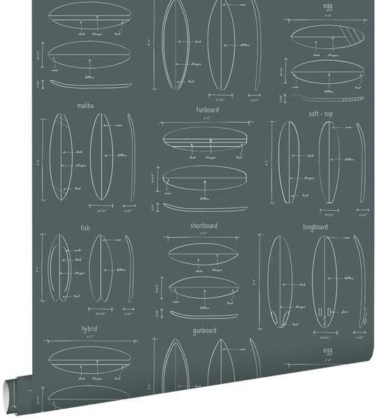 ESTAhome Tapete technische Zeichnungen von Surfbrettern Graugrün - 0,53 x 10,05 m - 128870