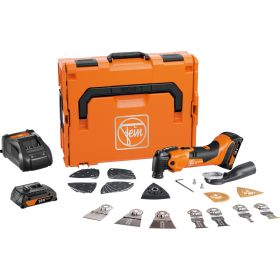 Fein Akku Multitool Set mit Koffer, Ladegerät, Akkus und diversem Zubehör für oszillierende Arbeiten.