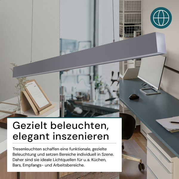 Eine graue Tresenleuchte hängt in verschiedenen Umgebungen, darunter eine Küche, eine Bar und ein Arbeitsbereich.