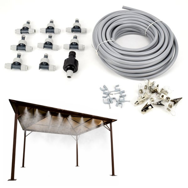 Sprühnebel Set zur Kühlung für Pavillons und Terrassen, bestehend aus Schlauch, Nebeldüsen, Adaptern und Befestigungsclips.