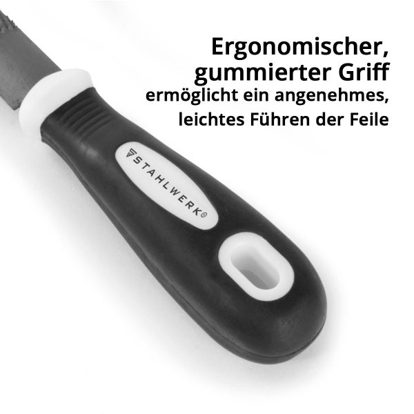 Feile mit ergonomischem, gummiertem Griff und Stahlwerk Logo