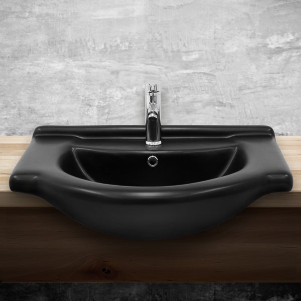 ML-Design Waschbecken Keramik Schwarz matt 67,5x51,5x21,5 cm Oval, Einbauwaschbecken mit Hahnloch, Überlauf, Aufsatzwaschbecken Einbauwaschtisch Waschschale Waschplatz Handwaschbecken, für Badezimmer