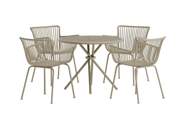 Beiges Gartenmöbelset mit rundem Tisch und vier Stühlen in Seiloptik aus Metall und Kunststoff.