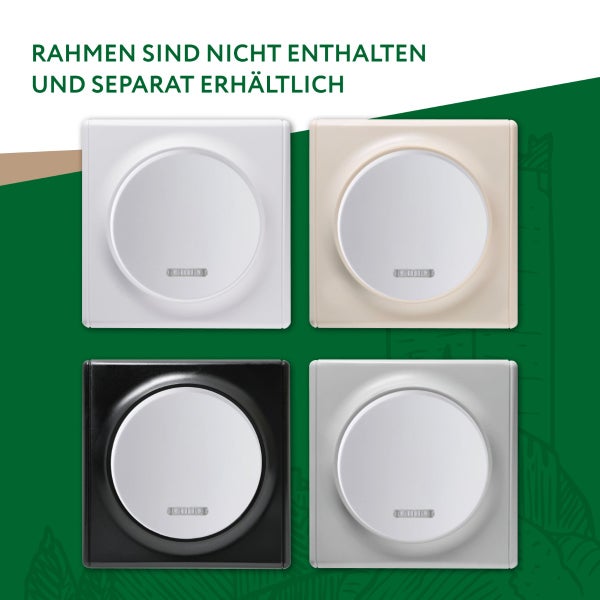Vier quadratische Lichtschaltereinsätze mit runder Wippe, Rahmen nicht enthalten und separat erhältlich.