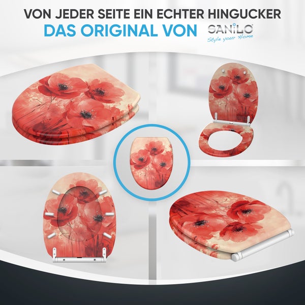Sanilo WC Sitz mit Mohnblumen Motiv aus Holz in verschiedenen Ansichten gezeigt