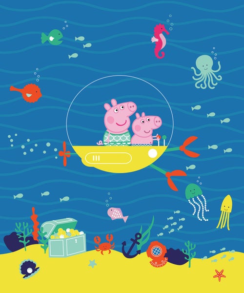 Illustration einer Unterwasserszene mit Peppa Pig und Schorsch Wutz in einem U-Boot, umgeben von Meerestieren und einem Schatz