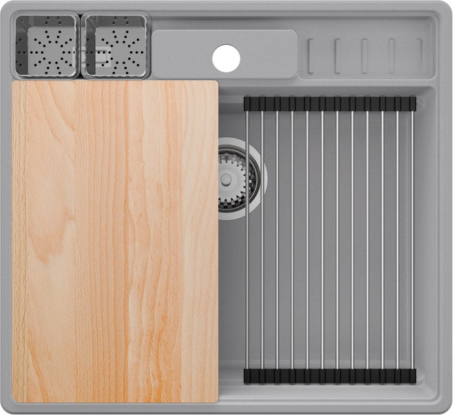 PRIMAGRAN Spülbecken Grau 58x53cm, Granitspüle 1 Becken + Ablauf-Set + Küchenzubehörset, Küchenspüle ab 60er Unterschrank - New York