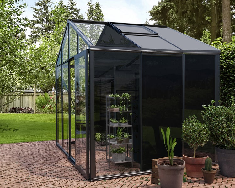 Modernes Gewächshaus mit schwarzem Aluminiumrahmen und Glaswänden auf einer gepflasterten Terrasse im Garten, inklusive Regal mit Pflanzen.