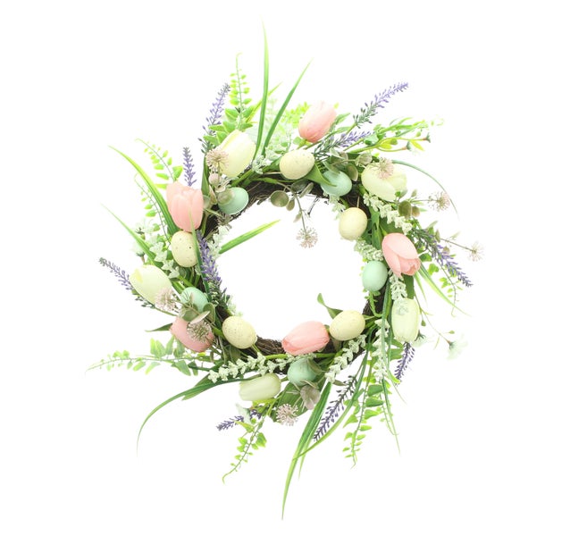 FRANK FLECHTWAREN|Osterkranz Tulpenliebe, Ø 45 cm, KUNSTSTOFF, TEXTIL, STYROPOR, RATTAN