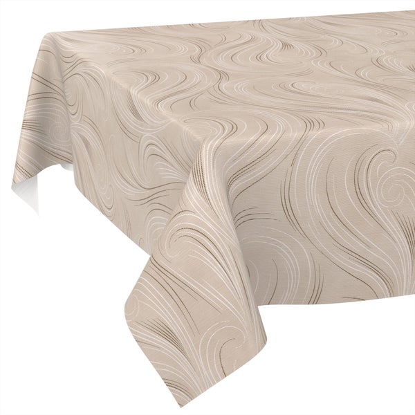 Beige, eckige Tischdecke mit einem Muster aus geschwungenen Linien.