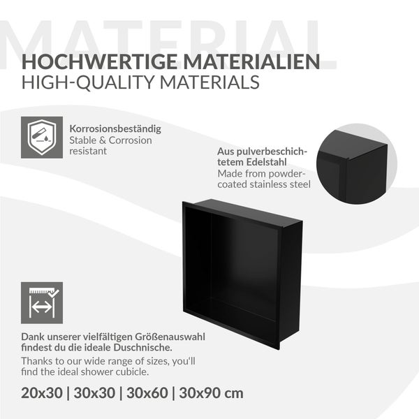 Duschnische aus pulverbeschichtetem Edelstahl, korrosionsbeständig, verschiedene Größen von 20 mal 30 bis 30 mal 90 Zentimeter.
