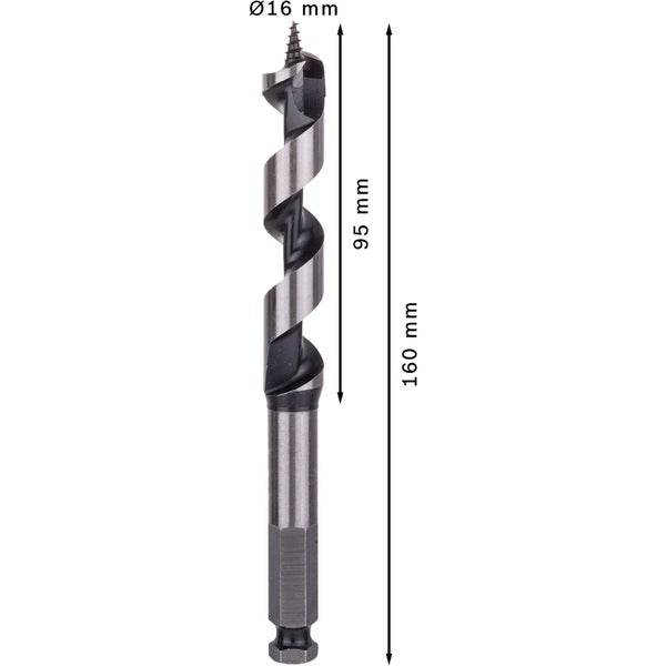Holzbohrer mit einem Durchmesser von 16 Millimeter und einer Länge von 160 Millimeter.