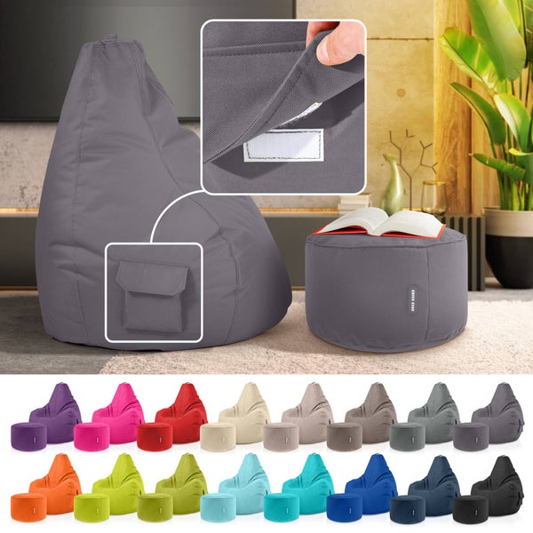 Green Bean 2er Set Sitzsack + Hocker - fertig befüllt - robust waschbar schmutzabweisend - Kinder & Erwachsene Bean Bag Bodenkissen Lounge Sitzhocker Relax-Sessel Gamer Gamingstuhl Pouf - Anthrazit