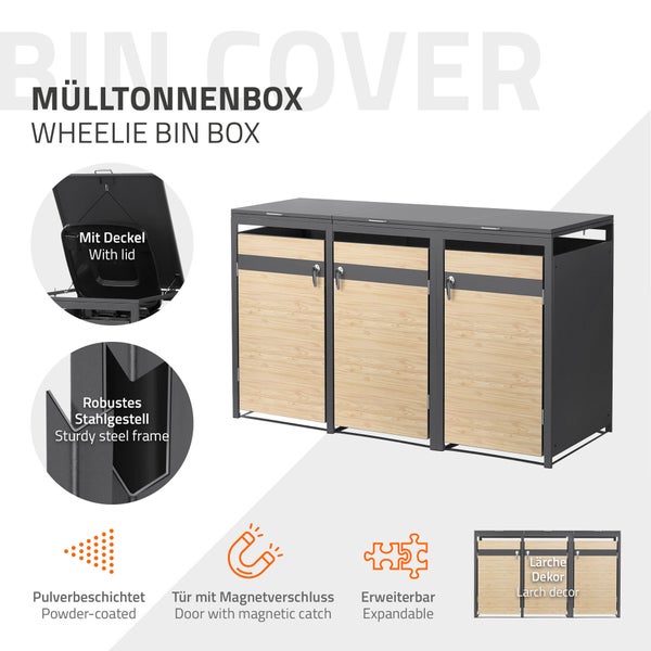 Mülltonnenbox für 3 Tonnen mit pulverbeschichtetem Stahlgestell, Türen im Lärche-Dekor, Magnetverschluss und Klappdeckel.