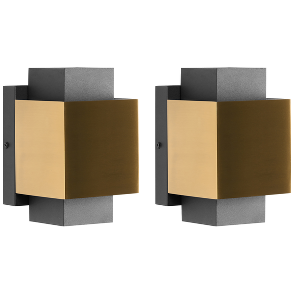 Set aus zwei modernen, quadratischen Wandleuchten mit dunkelgrauem Korpus und einer zentralen, goldfarbenen Zierblende.