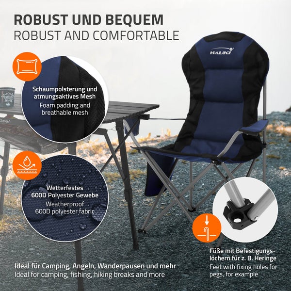 Hauki Campingstuhl faltbar, Blau, Anglerstuhl mit Getränkehalter & Tragetasche, Gartenstuhl klappbar, bis 150kg, Übergroßer Klappstuhl mit Hochlehner, Gepolster Faltstuhl leicht, Angelstuhl tragbar