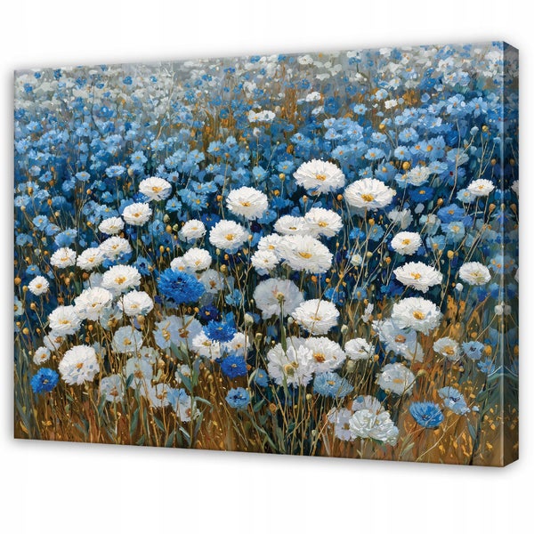Wandbild mit einer impressionistischen Malerei von weißen und blauen Blumen auf einer Wiese im Leinwanddruck