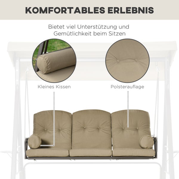 Outsunny Hollywoodschaukel, 3-Sitzer Gartenschaukel mit Sonnendach Kissen, 116 x 206 x 183 cm, Metall, Polyester, Khaki