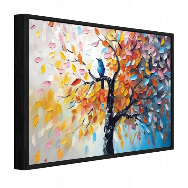 Wandbild mit abstraktem Baum und Vogel in einem schwarzen Rahmen