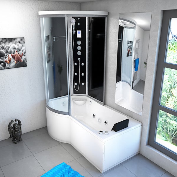 Weiße Whirlpool-Badewanne mit integrierter Glas-Duschkabine und schwarzer Rückwand in einem hellen Badezimmer mit grauen Fliesen und großem Spiegel.