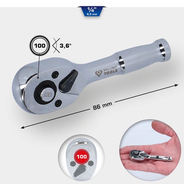 BRILLIANT TOOLS 1/4 Mini-Umschaltknarre mit Metallgriff 100 Zahn - BT020999