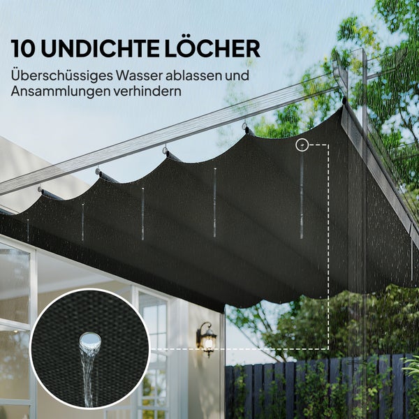 Dunkles Pergola-Sonnensegel mit zehn Ablauflöchern für Regenwasser zur Vermeidung von Wasseransammlungen im Außenbereich.