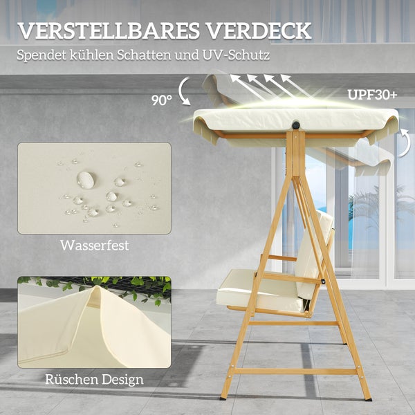 Outsunny Hollywoodschaukel mit verstellbarem Sonnendach Sitzauflage, Holzoptik 3-Sitzer Gartenschaukel belastbar bis 330kg, Schaukelbank für Garten, Terrasse 198 x 120 x 170cm, Beige