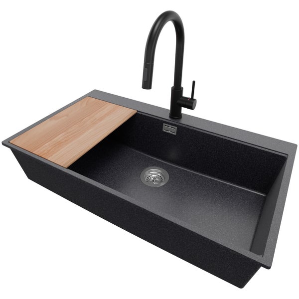PRIMAGRAN Granitspüle Anthrazit 88x50cm, Spülbecken 1 Becken + Küchenarmatur 40x20cm + Ablauf-Set + Schneidebrett, Küchenspüle ab 90er Unterschrank - Oslo