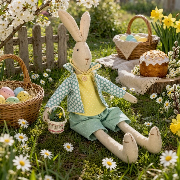 Stoff-Osterhase im Garten auf einer Blumenwiese mit Weidenkörben voller Ostereier, einem Holzzaun und Ostergebäck in einer hellen Atmosphäre.