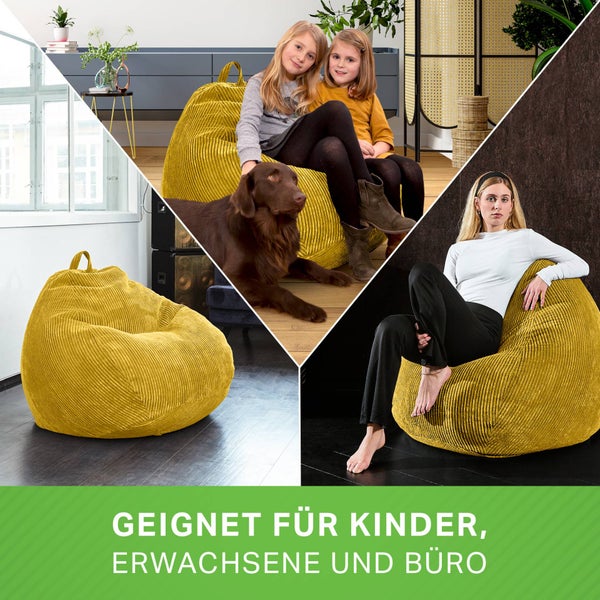 Green Bean Indoor Sitzsack 90x110cm EPS-Perlen Füllung & Cordstoff Kuschelig Weich Waschbar - Drinnen Bodenkissen Liegekissen Sitzkissen Sitzhocker Relax-Sessel Kinder Erwachsene Stoff Gelb