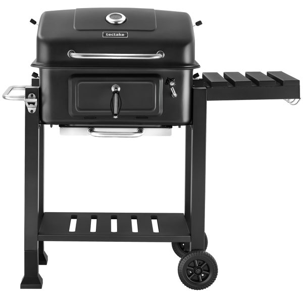Schwarzer tectake Holzkohlegrill mit Deckel, Thermometer, Seitenablage und Rollen.