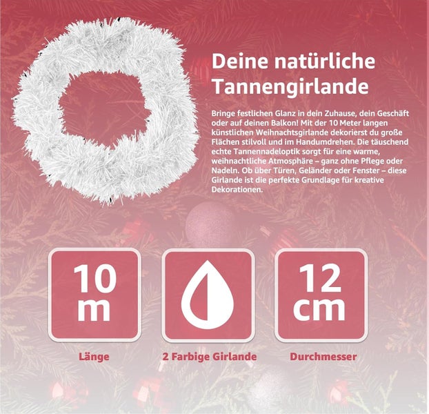 Weiße Tannengirlande mit einer Länge von 10 Metern und einem Durchmesser von 12 Zentimetern