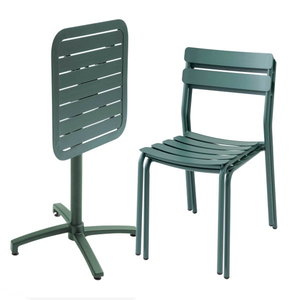 Garten-Bistro-Set aus Metall mit stapelbarem Stuhl und klappbarem Tisch mit Säulenfuß.