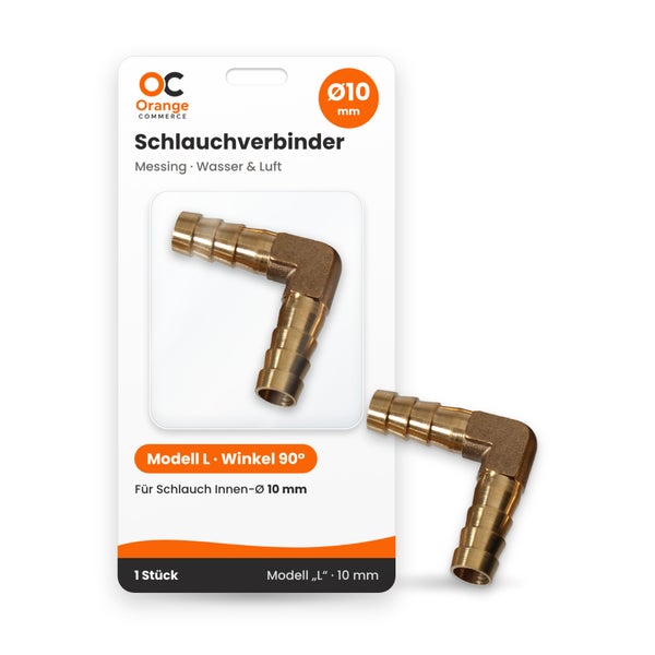 Winkel Schlauchverbinder aus Messing 90 Grad für 10 Millimeter Schlauchinnendurchmesser auf Blisterkarte